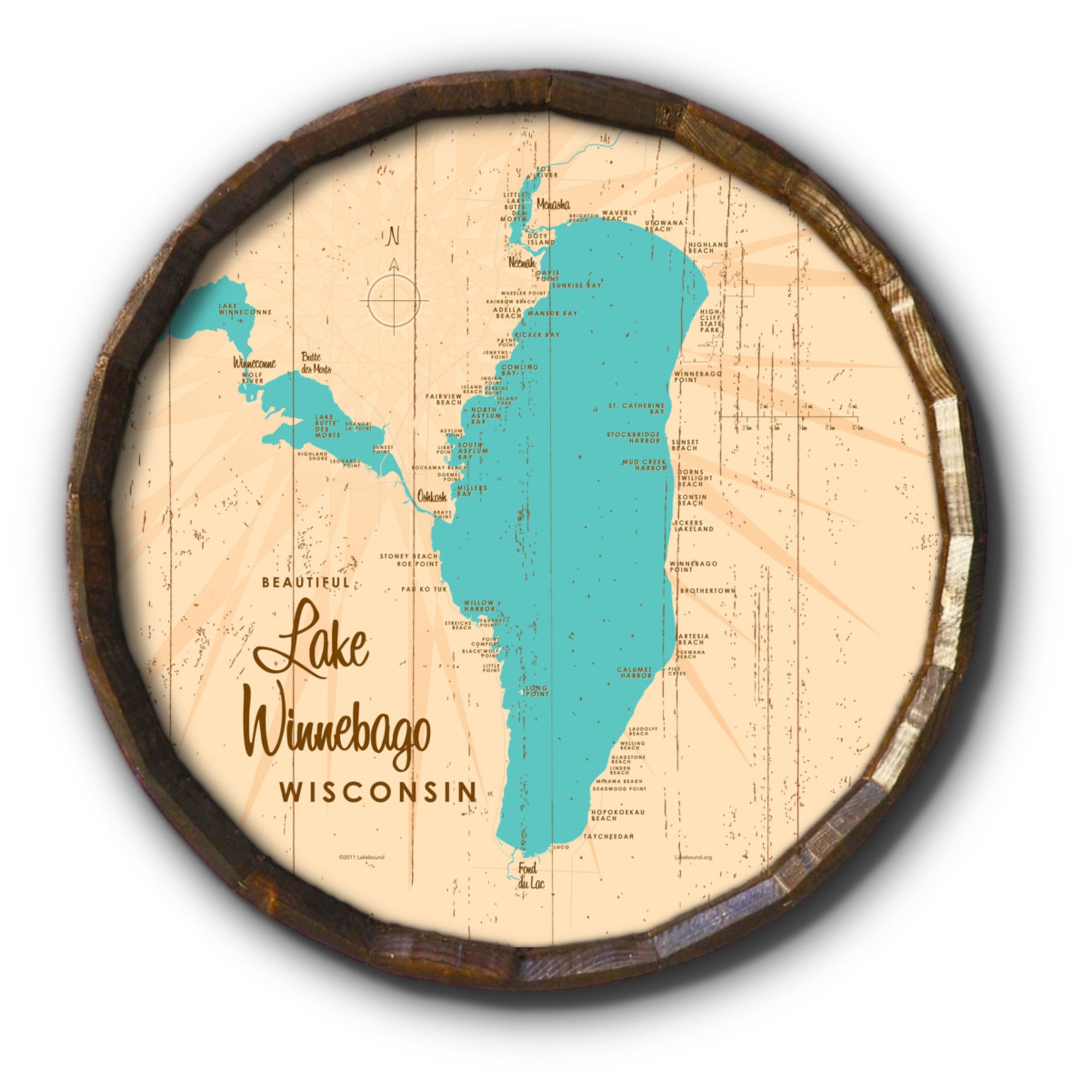 Lake Winnebago Wisconsin, Rustic Barrel End Map Art