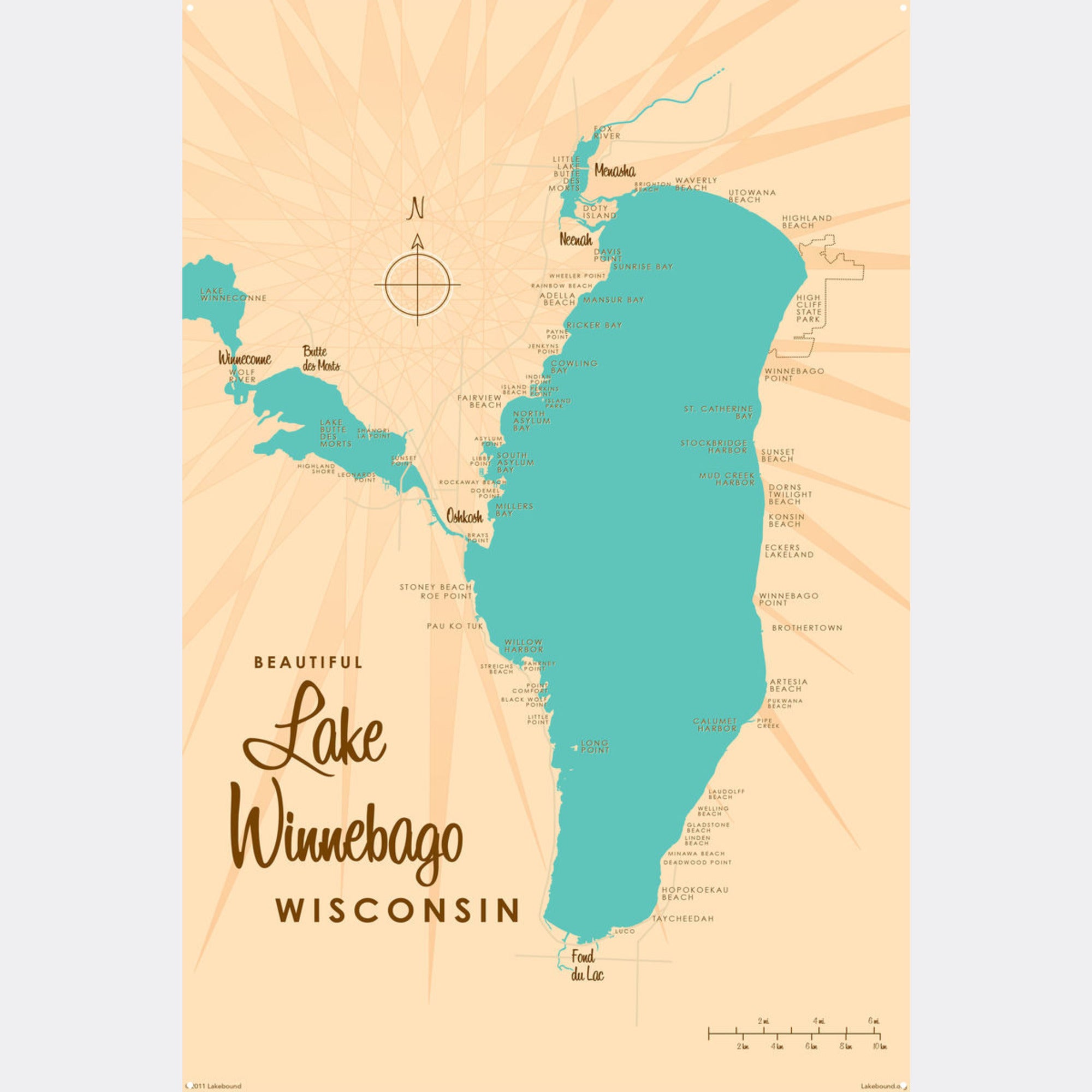 Lake Winnebago Wisconsin, Metal Sign Map Art