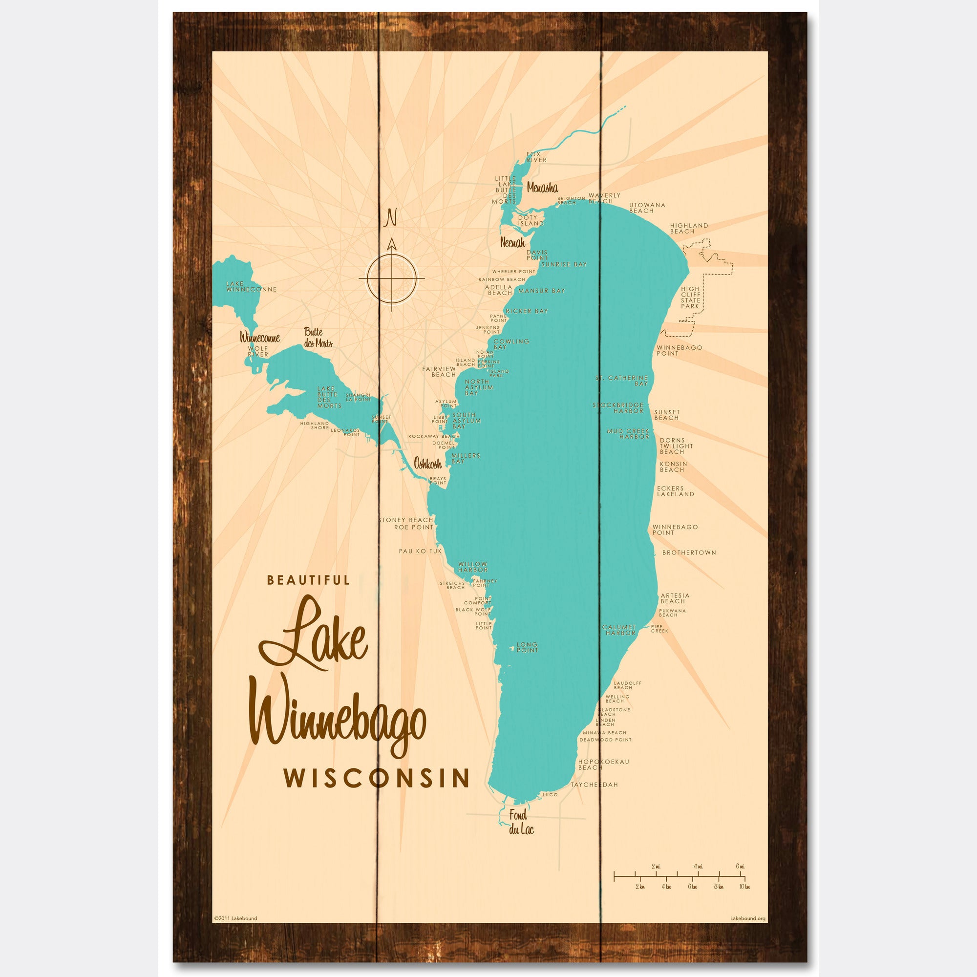Lake Winnebago Wisconsin, Rustic Wood Sign Map Art