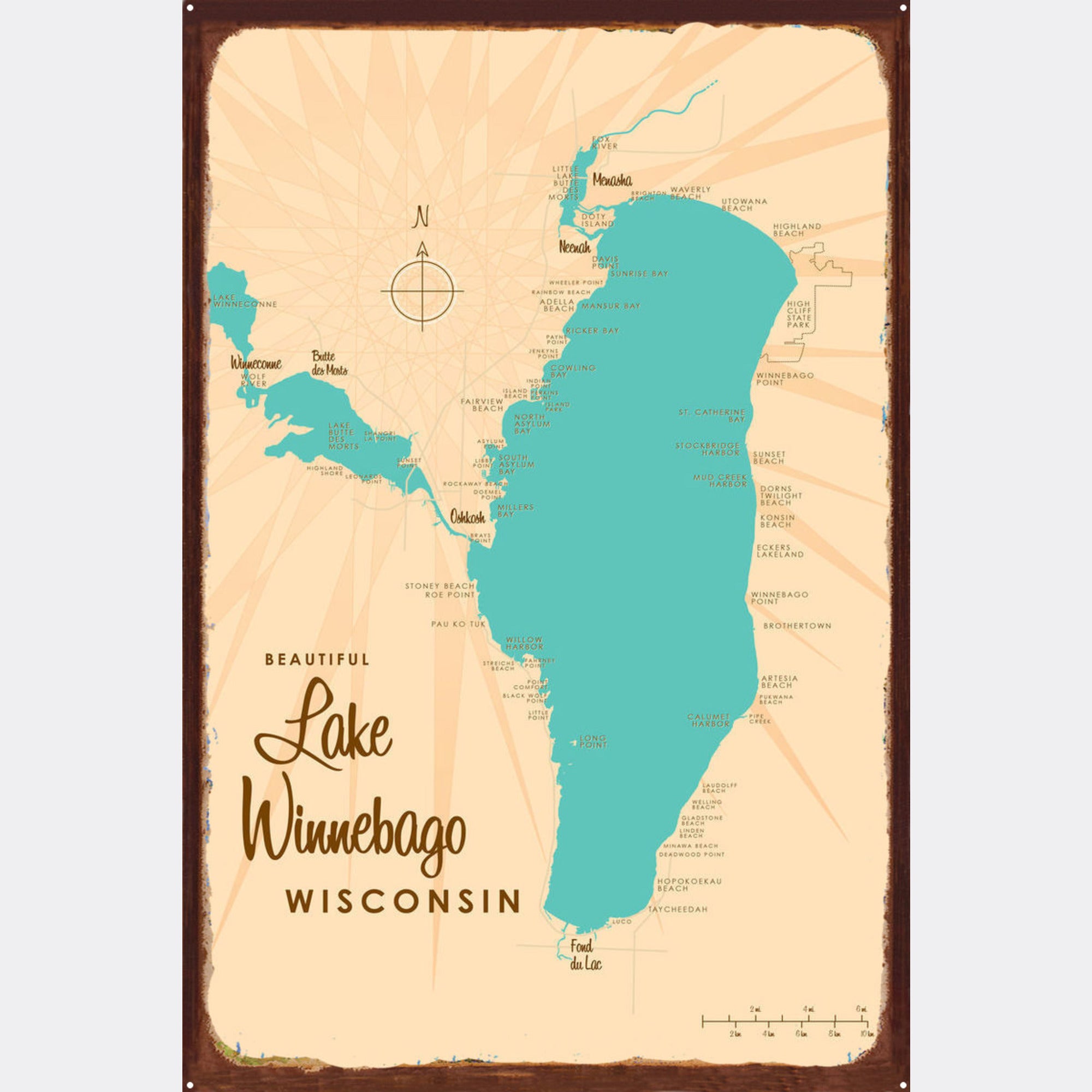Lake Winnebago Wisconsin, Rustic Metal Sign Map Art