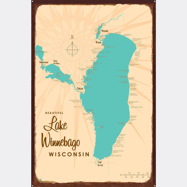 Lake Winnebago Wisconsin, Rustic Metal Sign Map Art
