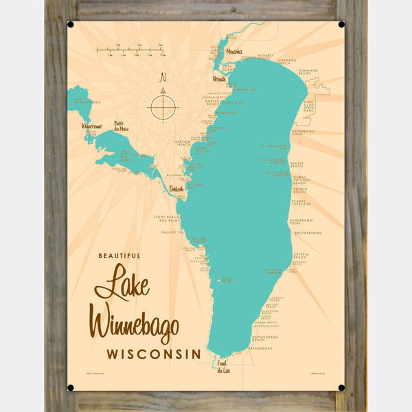 Lake Winnebago Wisconsin, Wood-Mounted Metal Sign Map Art