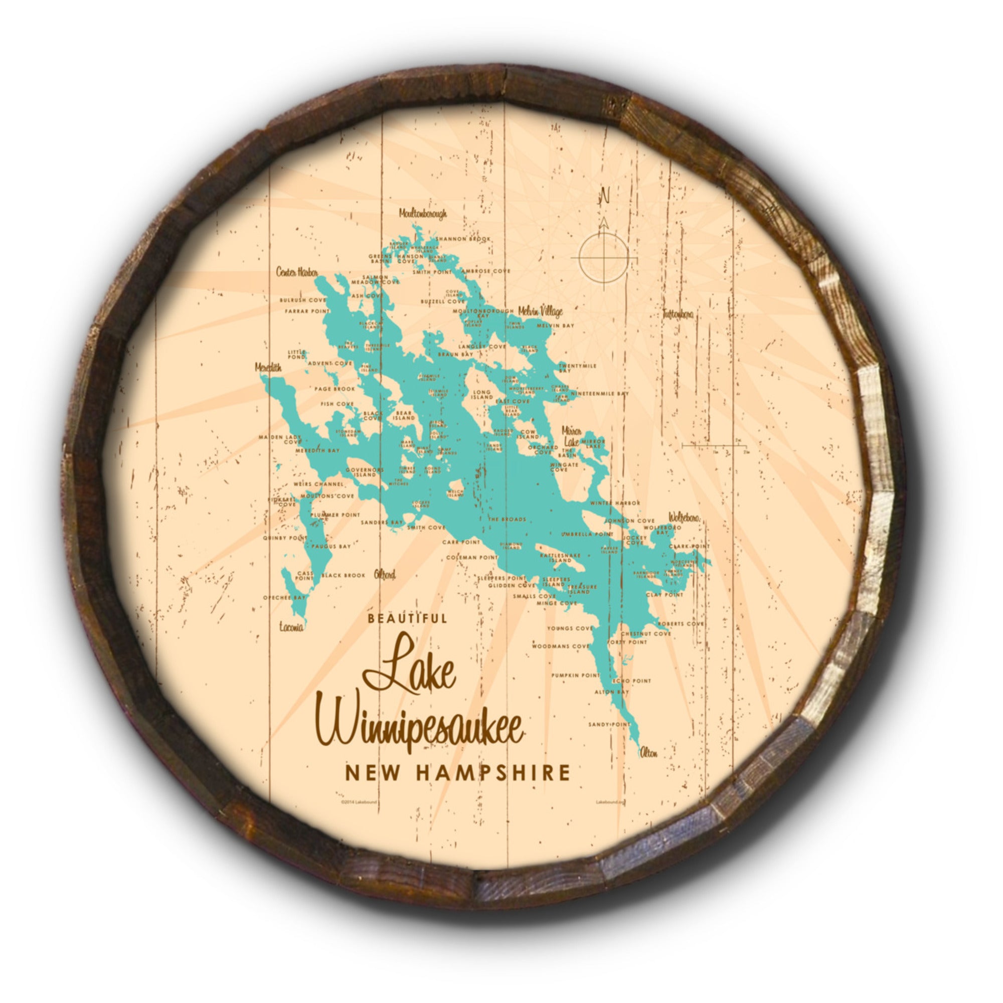 Lake Winnipesaukee New Hampshire, Rustic Barrel End Map Art