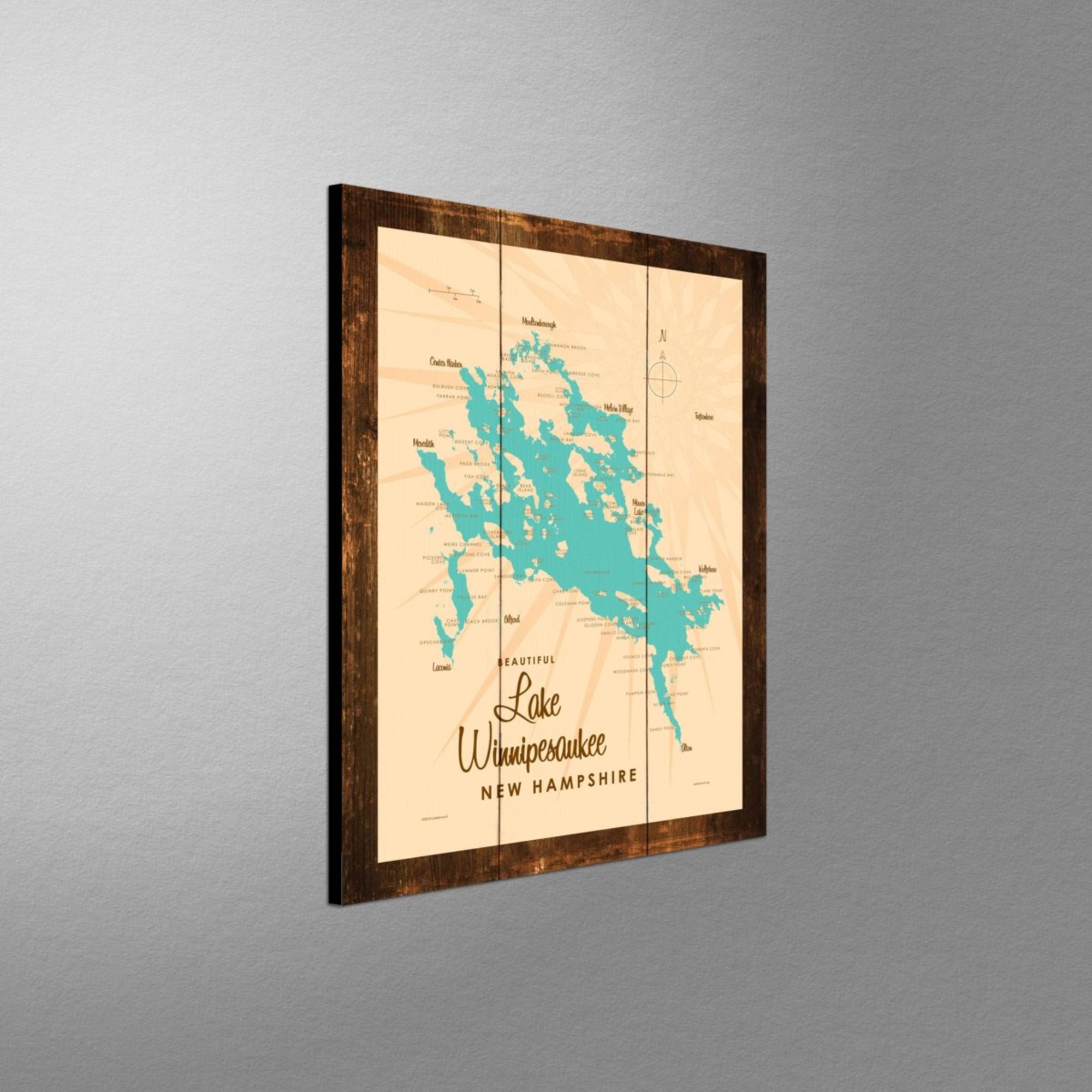 Lake Winnipesaukee New Hampshire, Rustic Wood Sign Map Art