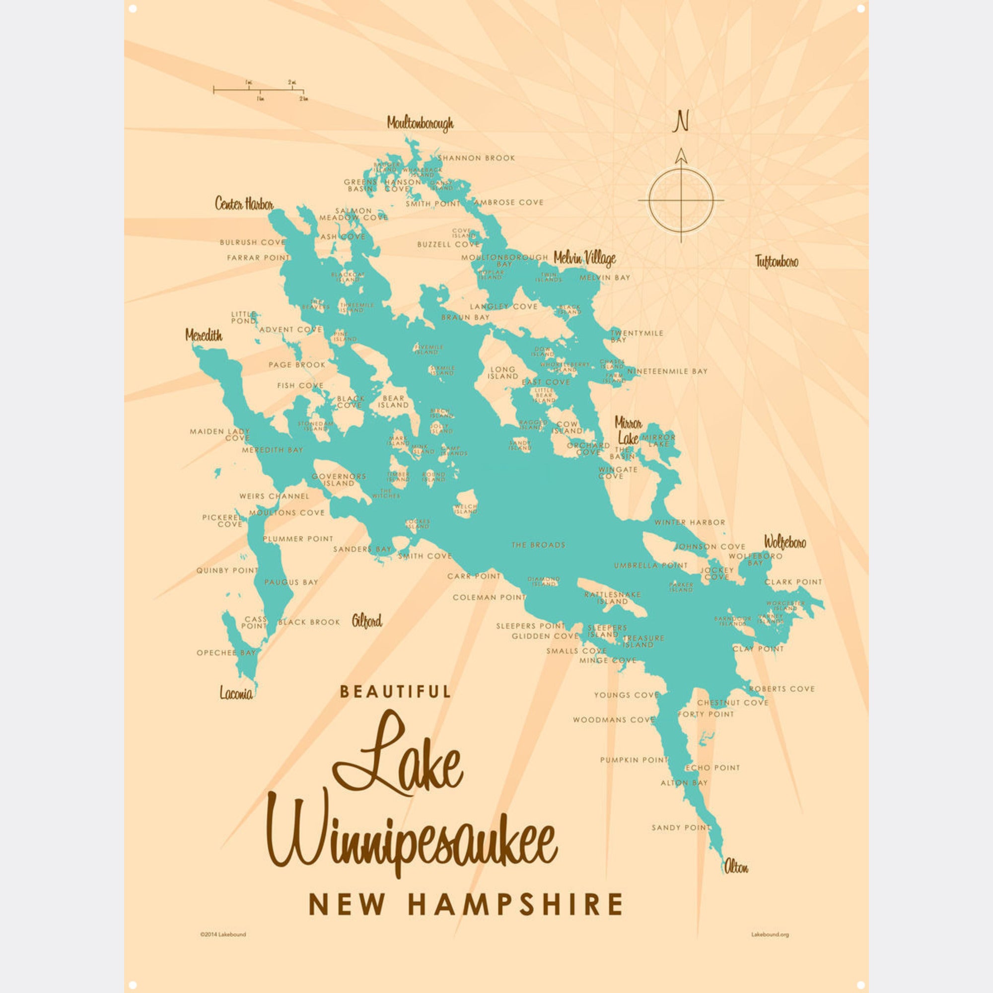 Lake Winnipesaukee New Hampshire, Metal Sign Map Art