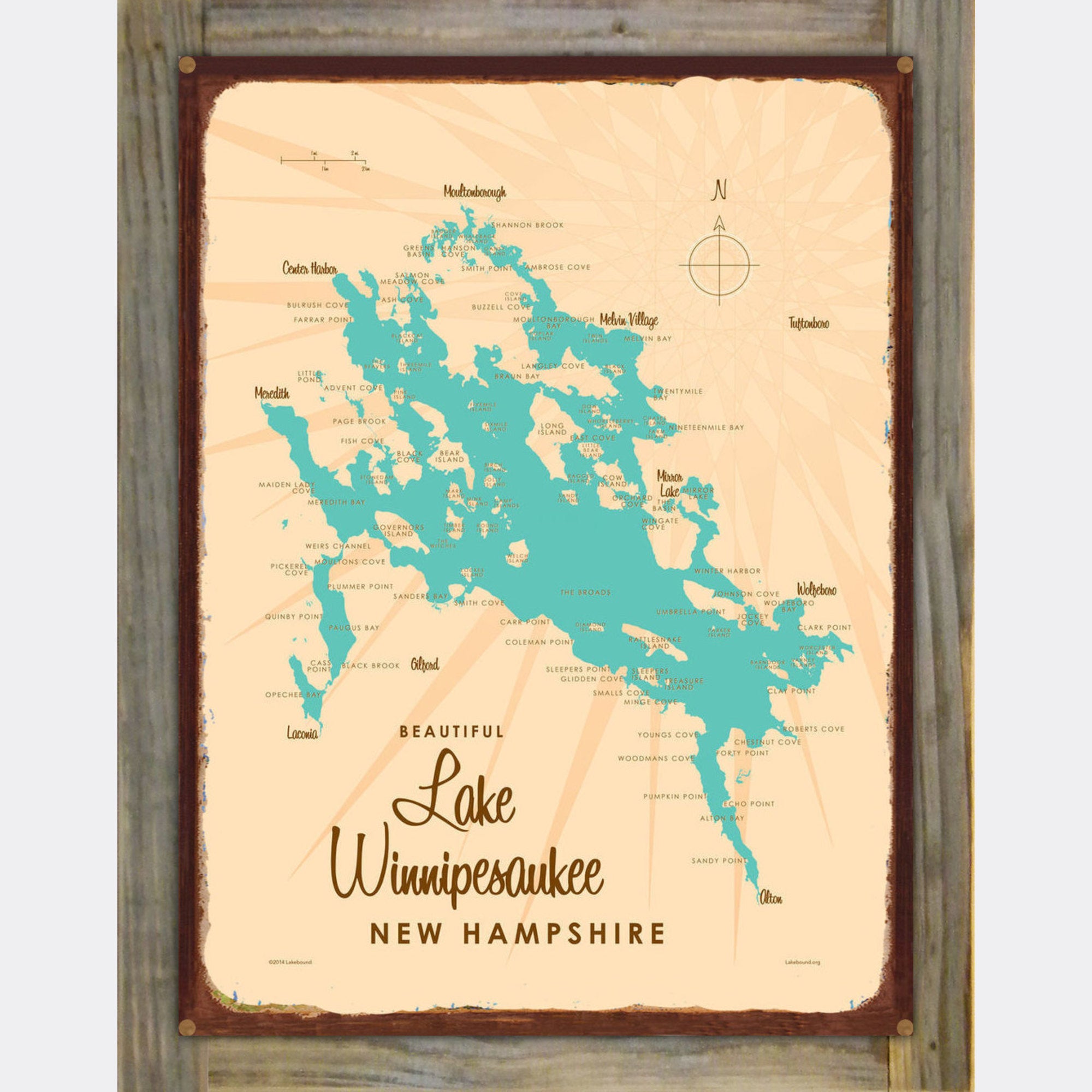 Lake Winnipesaukee New Hampshire, Wood-Mounted Rustic Metal Sign Map Art