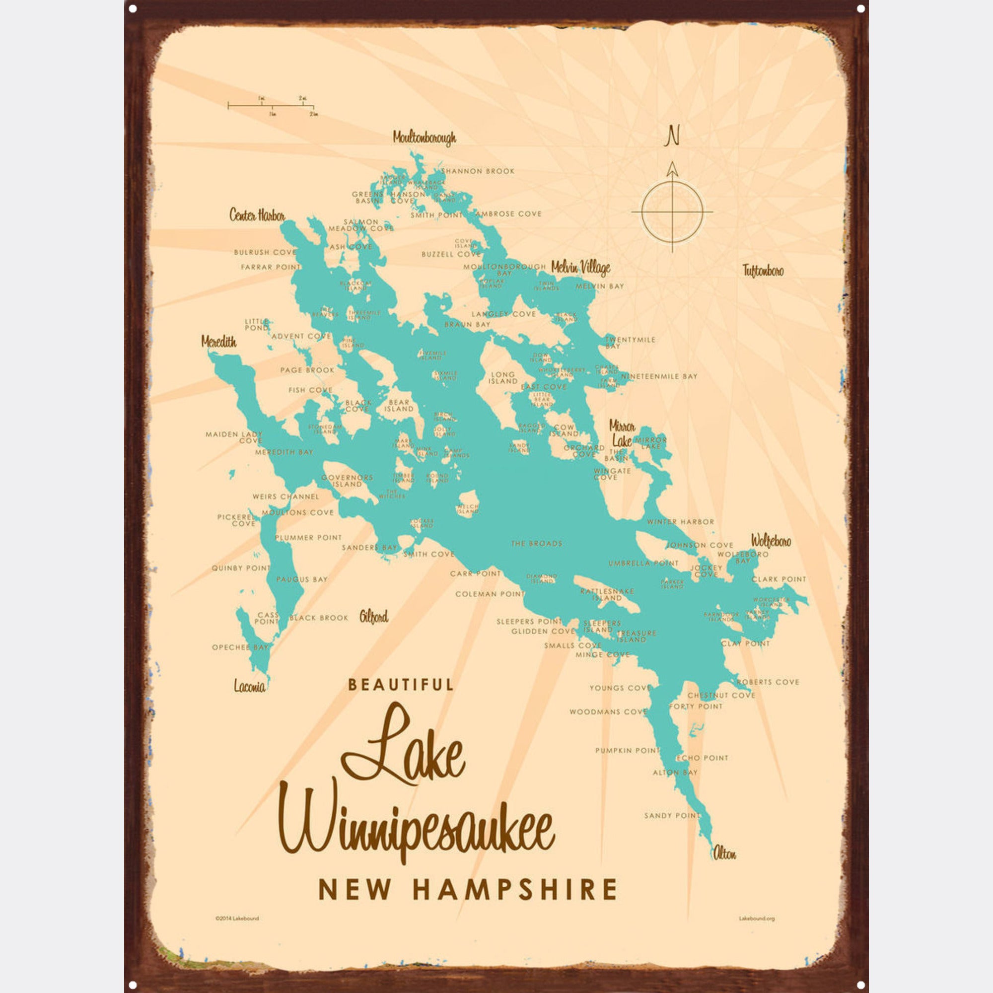 Lake Winnipesaukee New Hampshire, Rustic Metal Sign Map Art