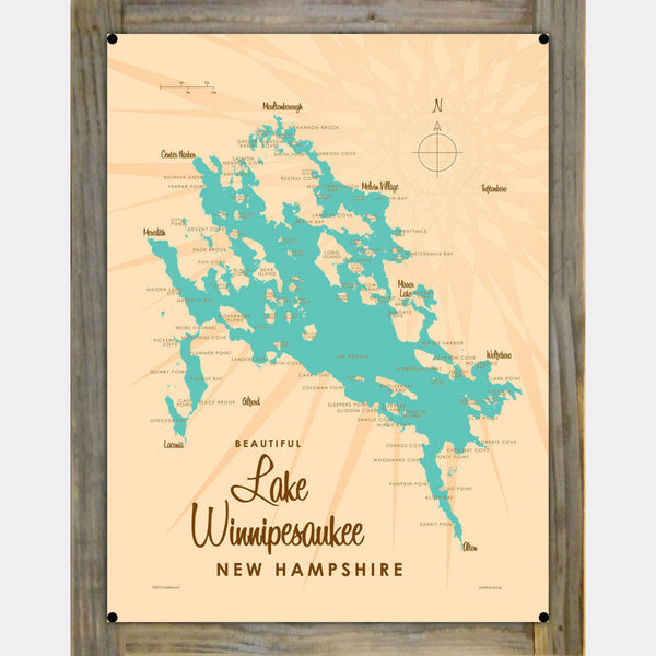 Lake Winnipesaukee New Hampshire, Wood-Mounted Metal Sign Map Art