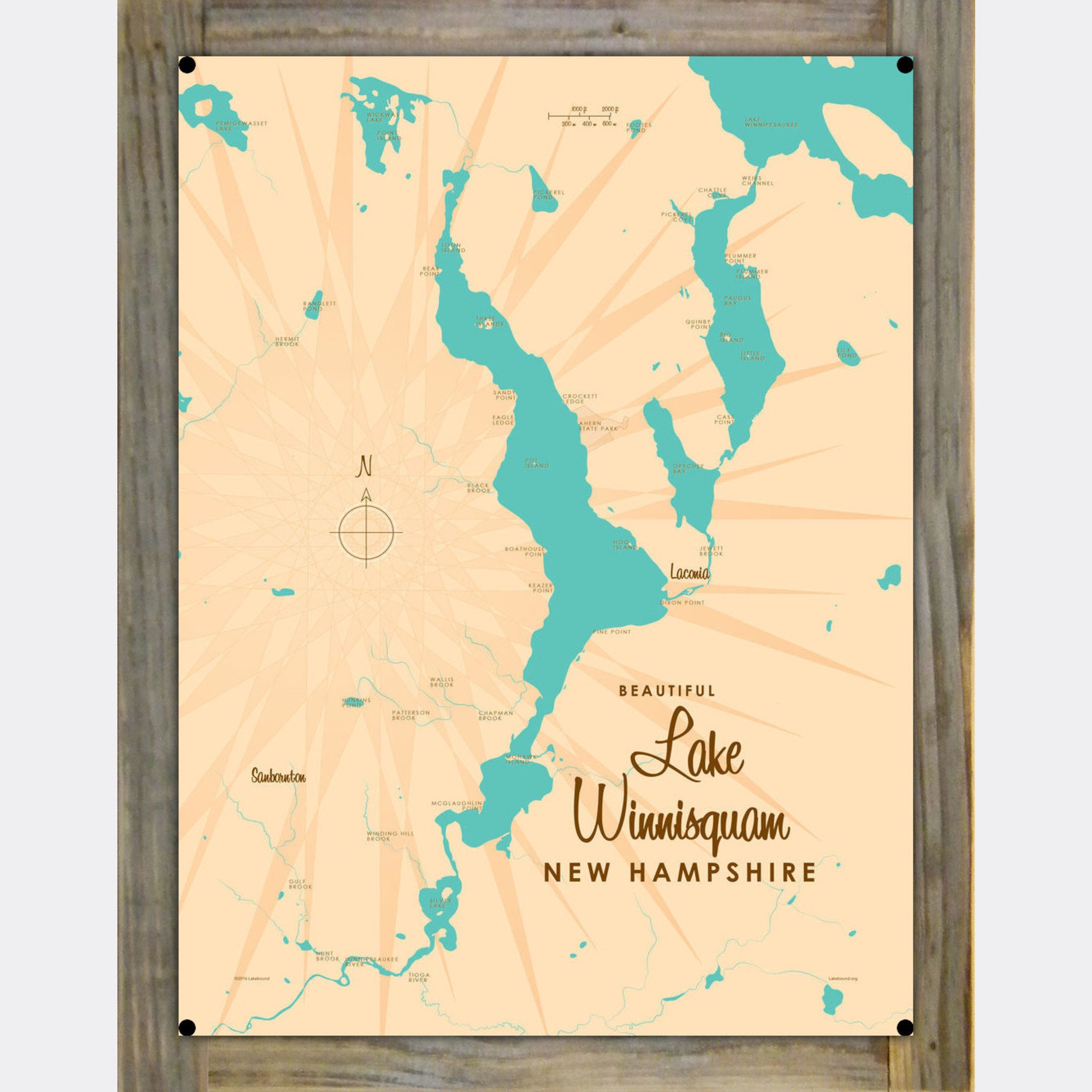 Lake Winnisquam New Hampshire, Wood-Mounted Metal Sign Map Art