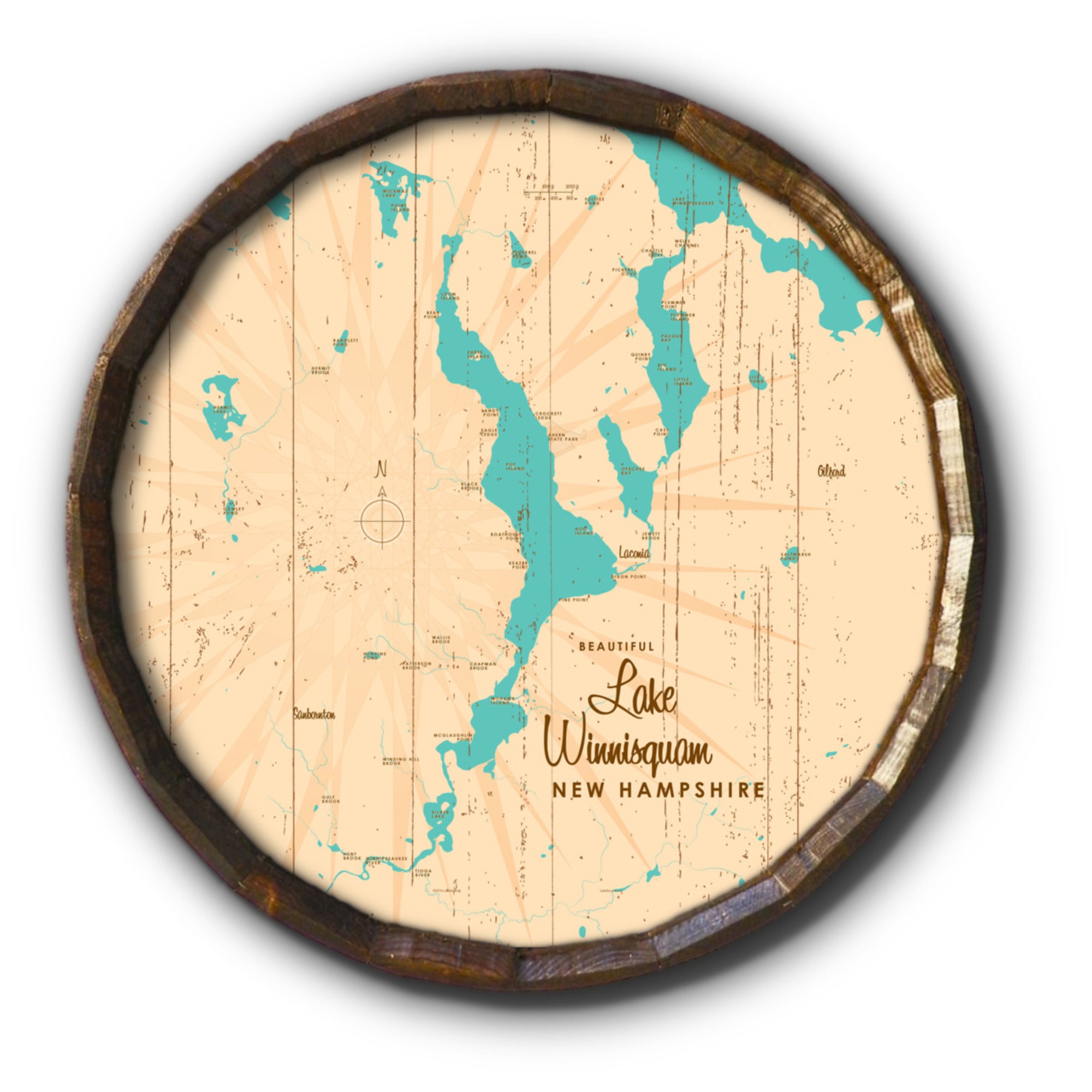 Lake Winnisquam New Hampshire, Rustic Barrel End Map Art