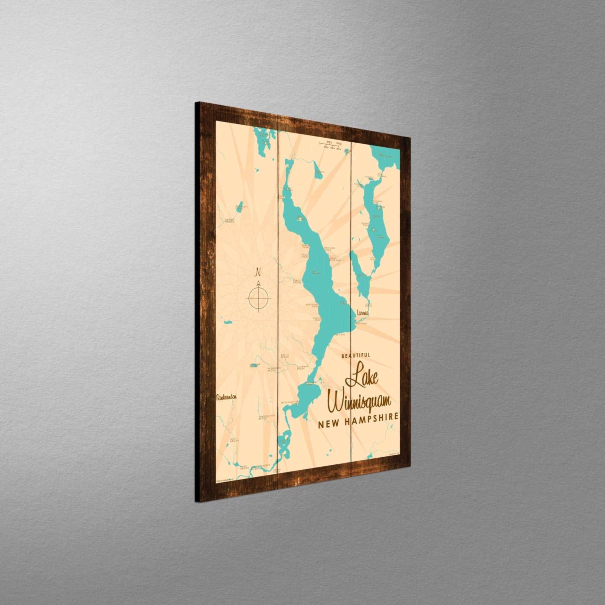Lake Winnisquam New Hampshire, Rustic Wood Sign Map Art