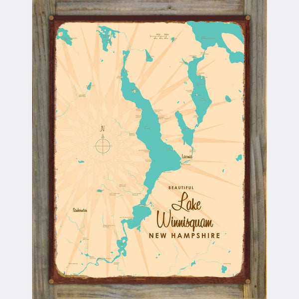 Lake Winnisquam New Hampshire, Wood-Mounted Rustic Metal Sign Map Art