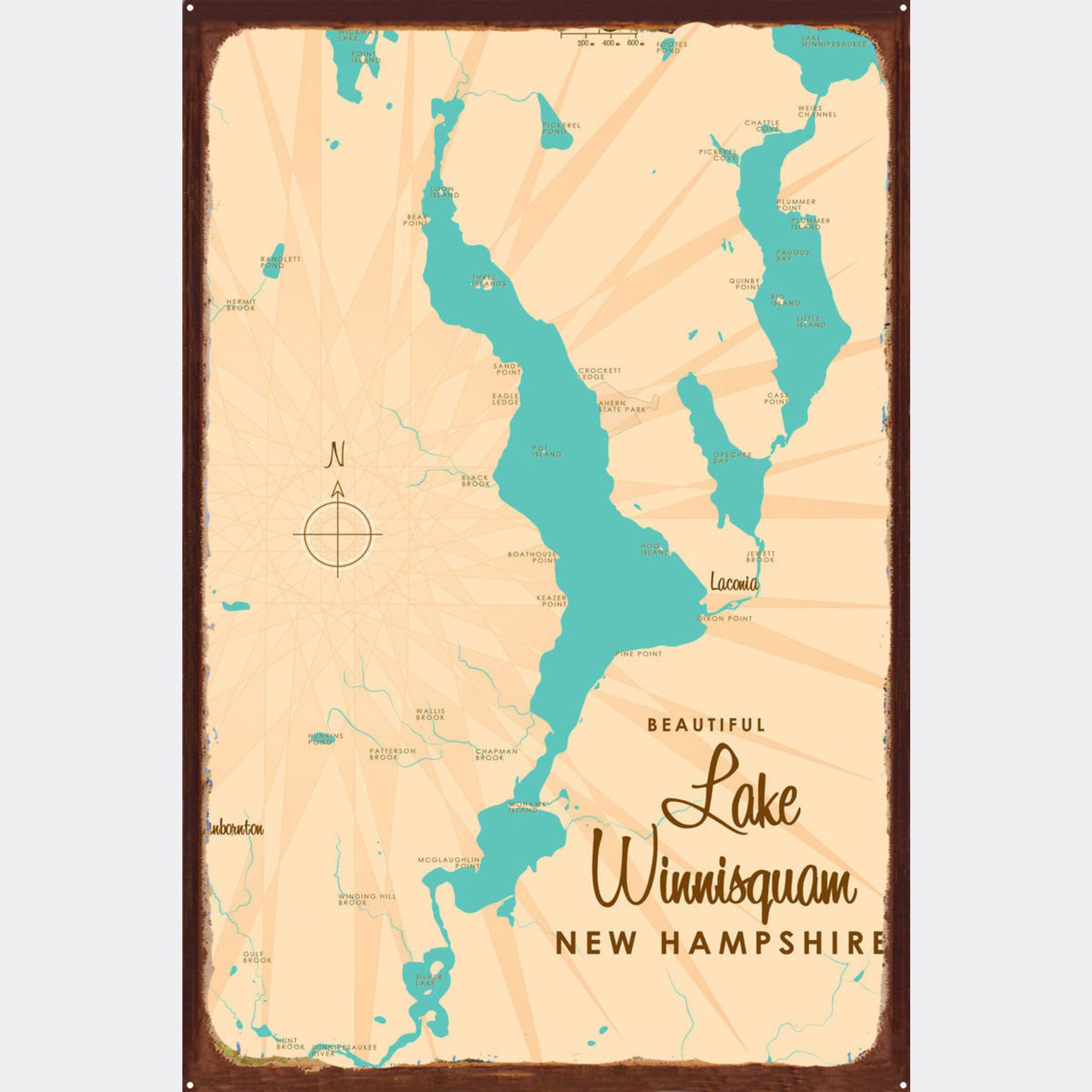 Lake Winnisquam New Hampshire, Rustic Metal Sign Map Art
