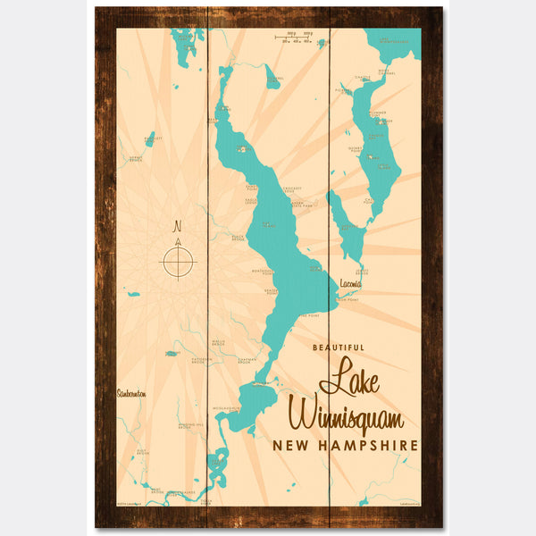 Lake Winnisquam New Hampshire, Rustic Wood Sign Map Art