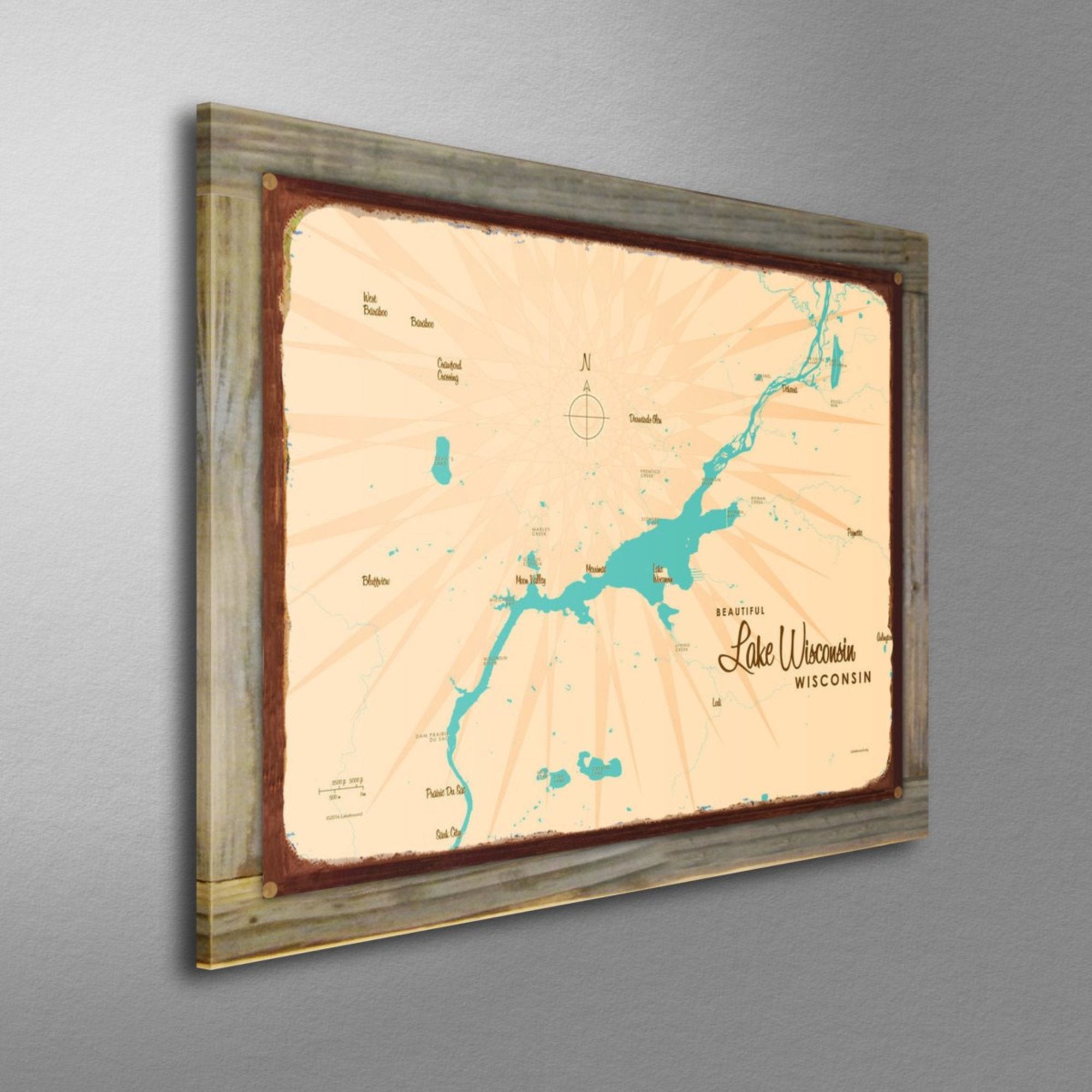 Lake Wisconsin Wisconsin, Wood-Mounted Rustic Metal Sign Map Art