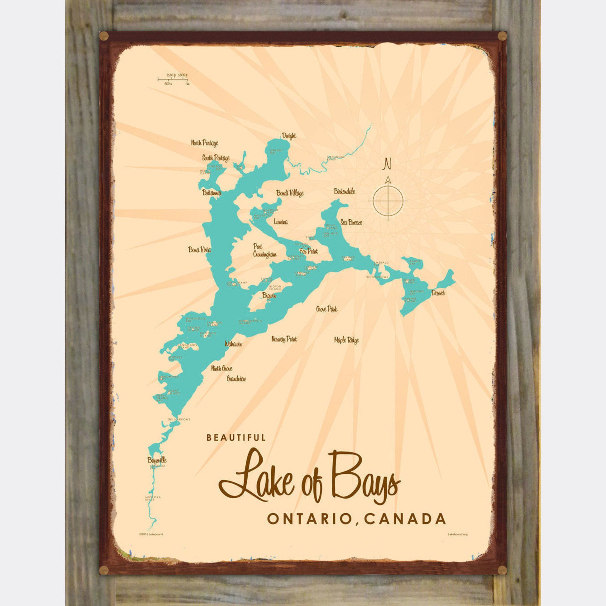 Lake of Bays Ontario Canada, Wood-Mounted Rustic Metal Sign Map Art