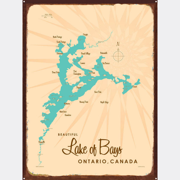 Lake of Bays Ontario Canada, Rustic Metal Sign Map Art