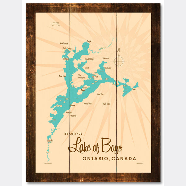 Lake of Bays Ontario, Rustic Wood Sign Map Art
