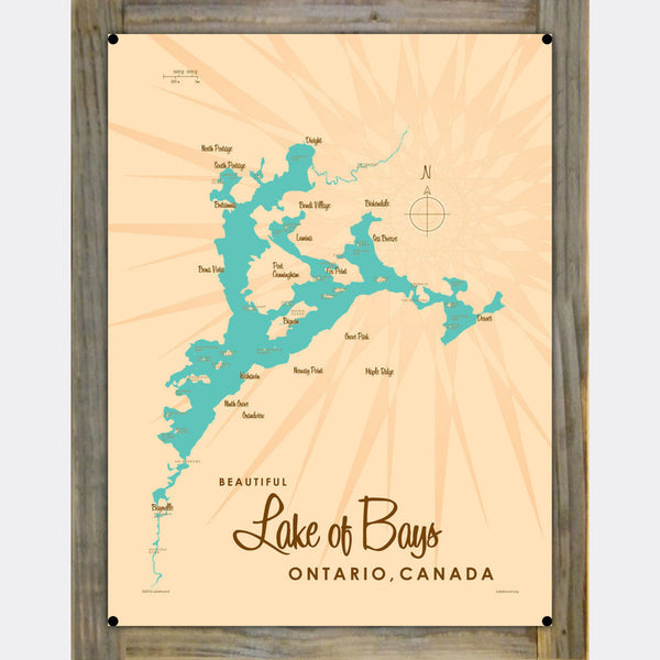 Lake of Bays Ontario Canada, Wood-Mounted Metal Sign Map Art