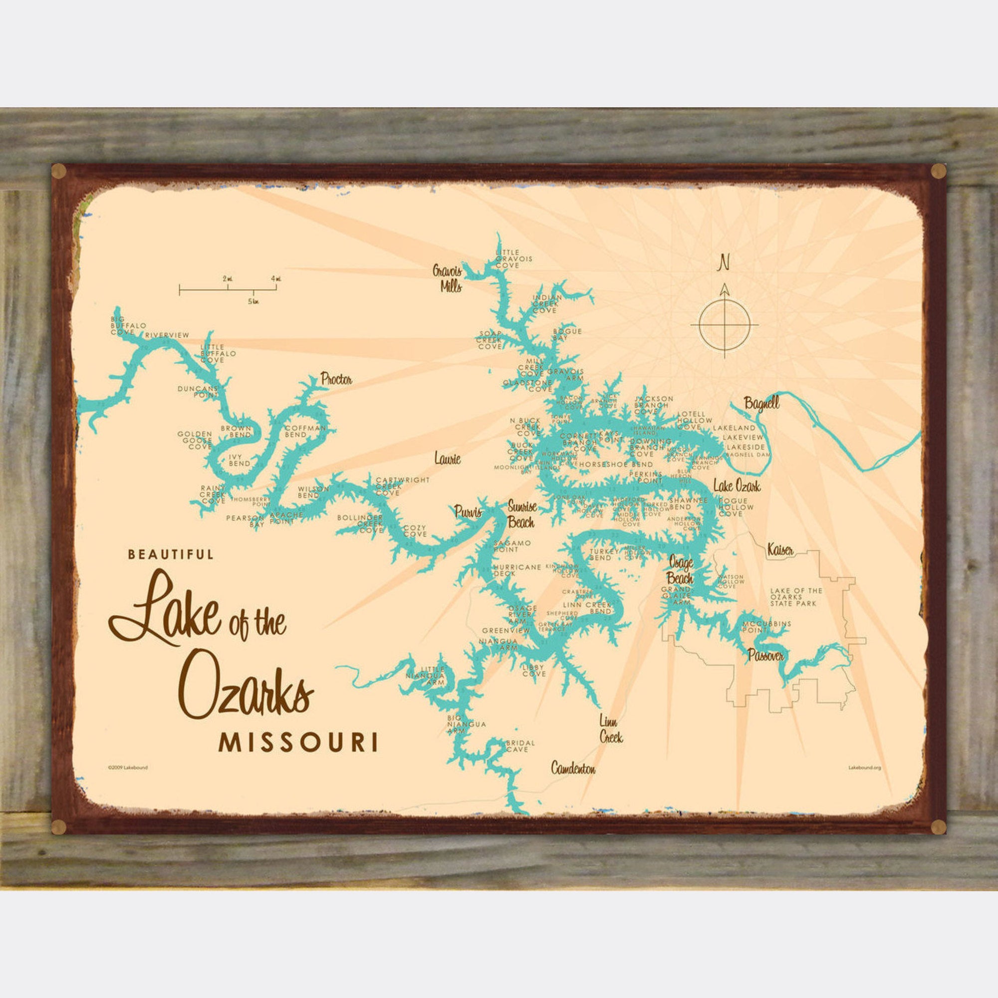 Lake of the Ozarks Missouri (with Mile Markers), Wood-Mounted Rustic Metal Sign Map Art
