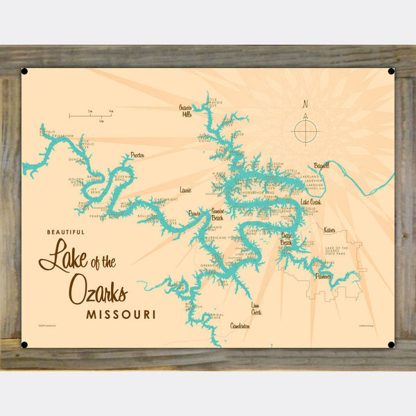 Lake of the Ozarks Missouri (with Mile Markers), Wood-Mounted Metal Sign Map Art