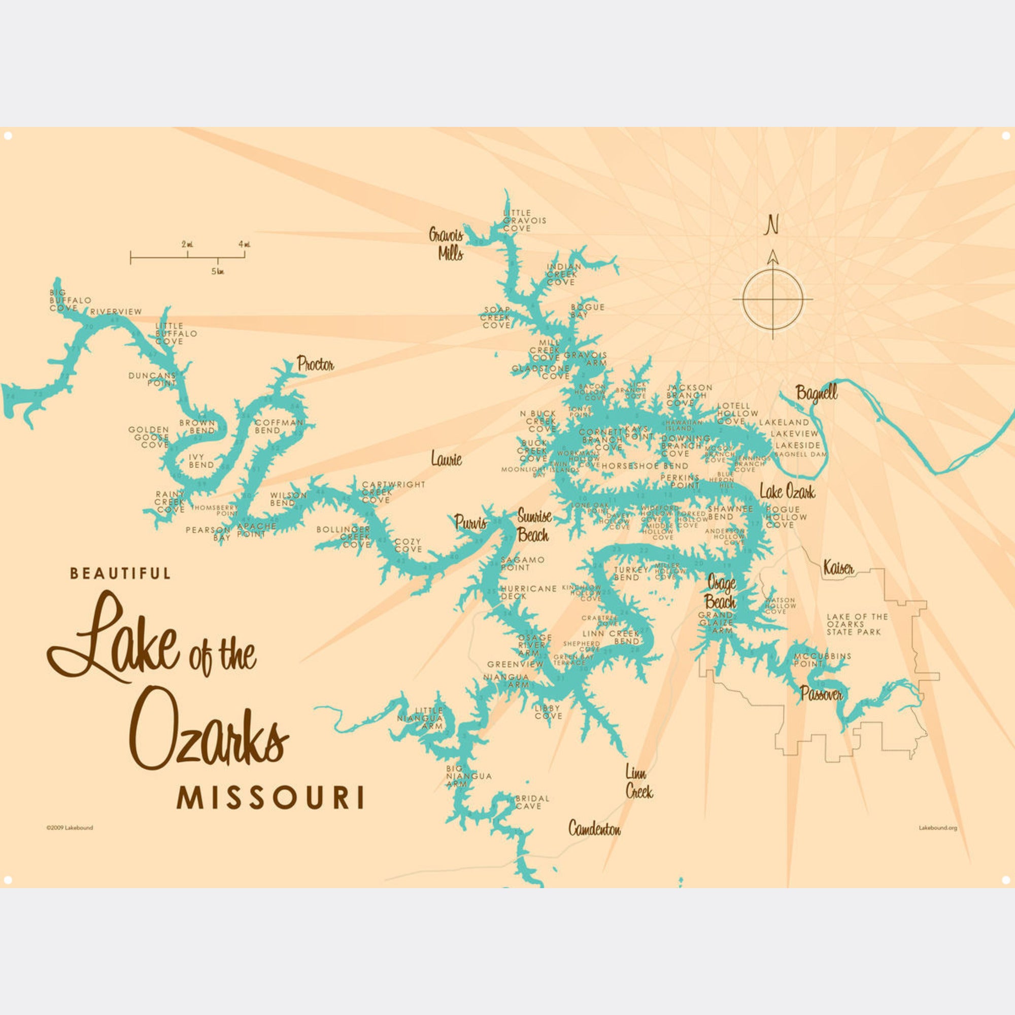 Lake of the Ozarks Missouri (with Mile Markers), Metal Sign Map Art