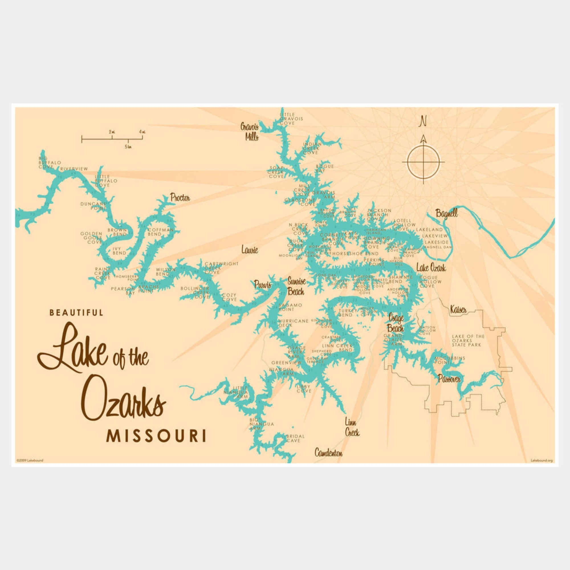 Lake of the Ozarks Missouri (with Mile Markers), Paper Print