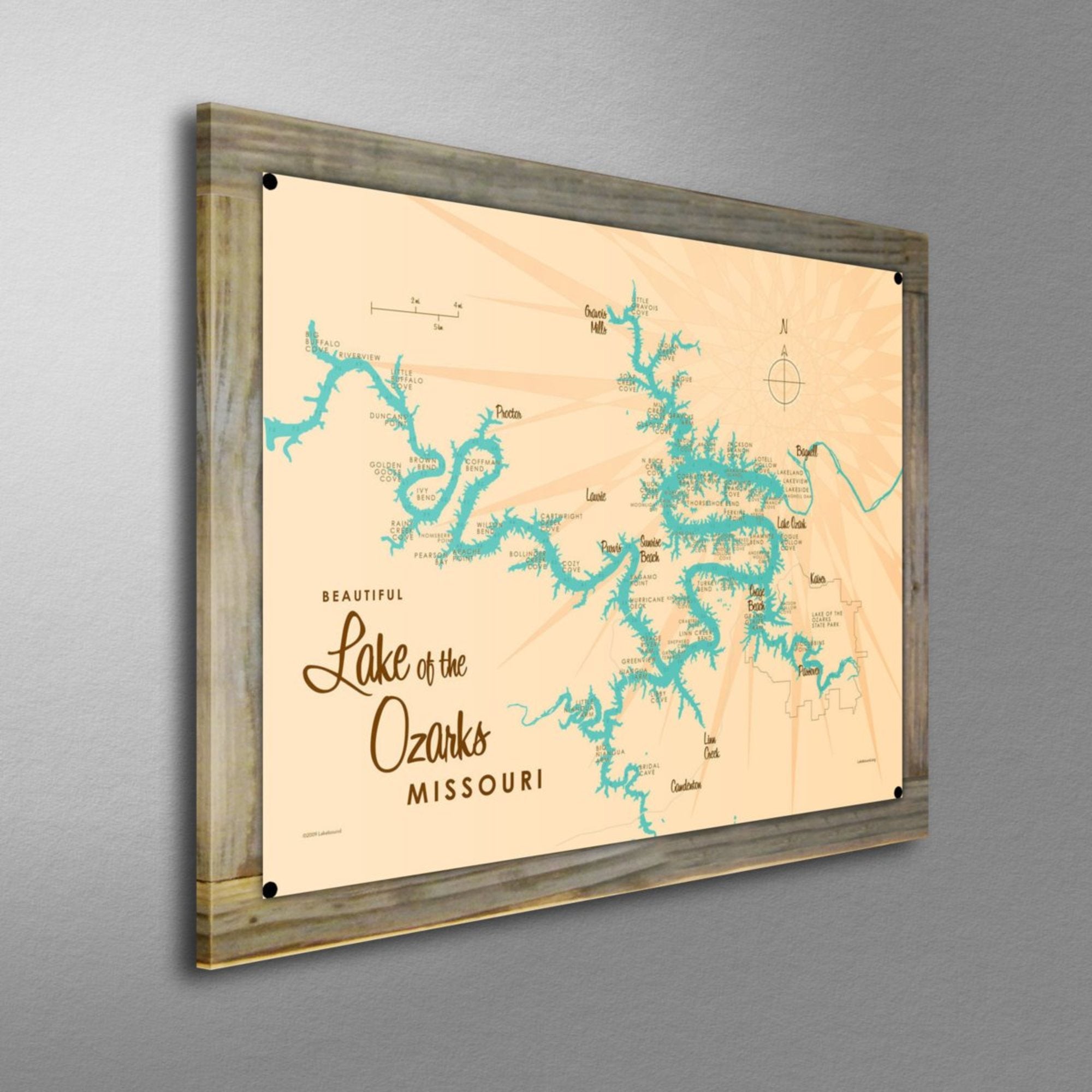 Lake of the Ozarks Missouri (with Mile Markers), Wood-Mounted Metal Sign Map Art