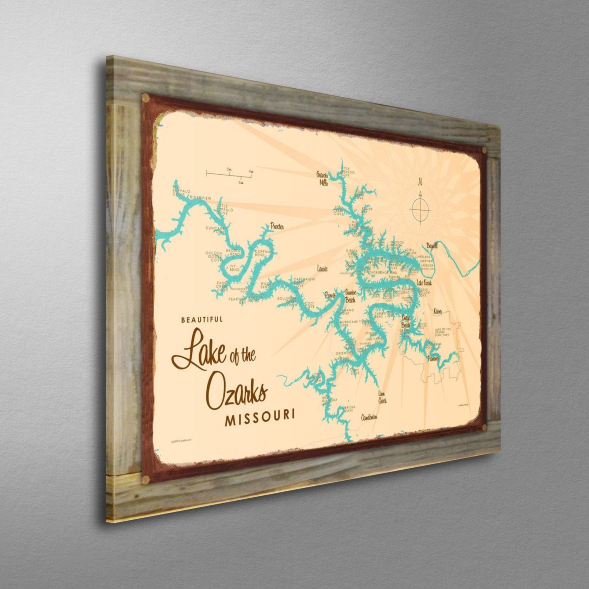 Lake of the Ozarks Missouri (with Mile Markers), Wood-Mounted Rustic Metal Sign Map Art