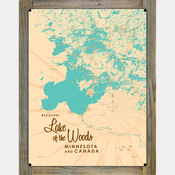 Lake of the Woods Minnesota, Wood-Mounted Metal Sign Map Art