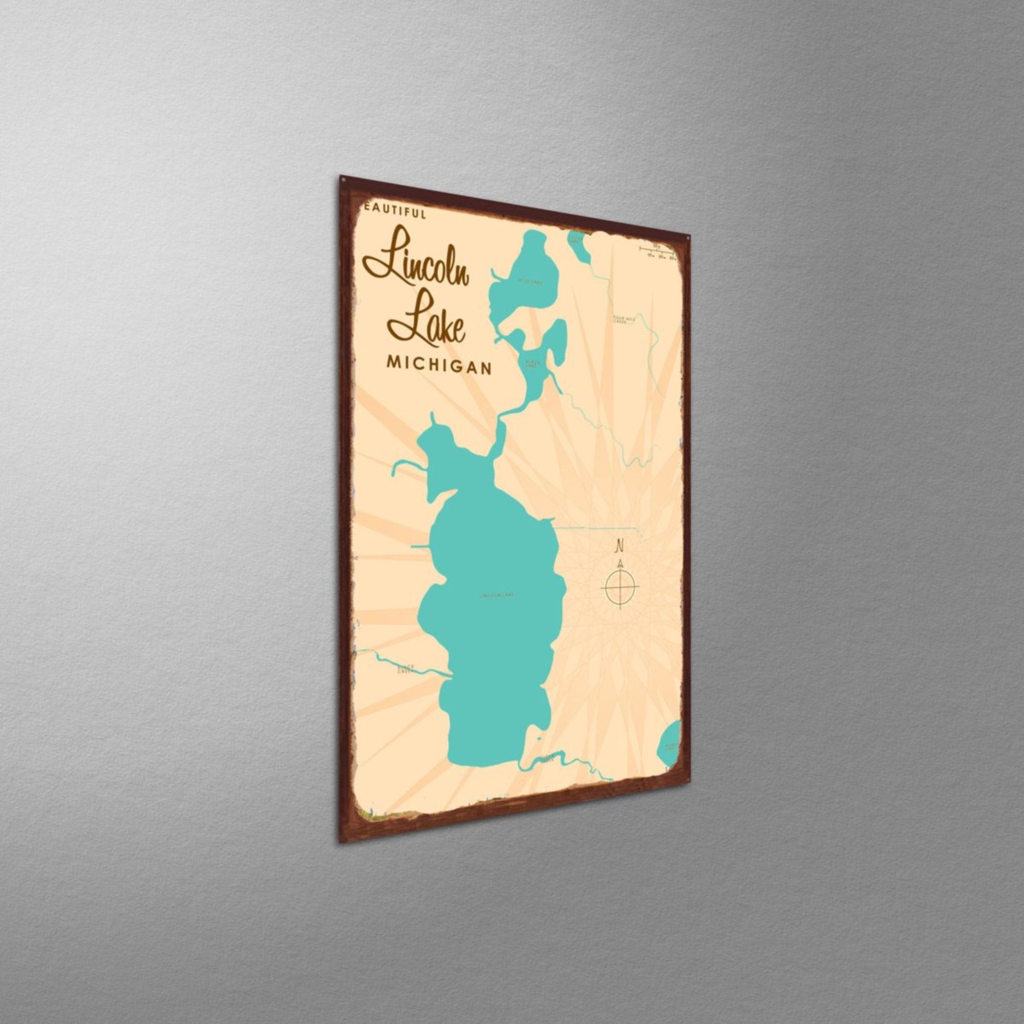Lincoln Lake Michigan, Rustic Metal Sign Map Art