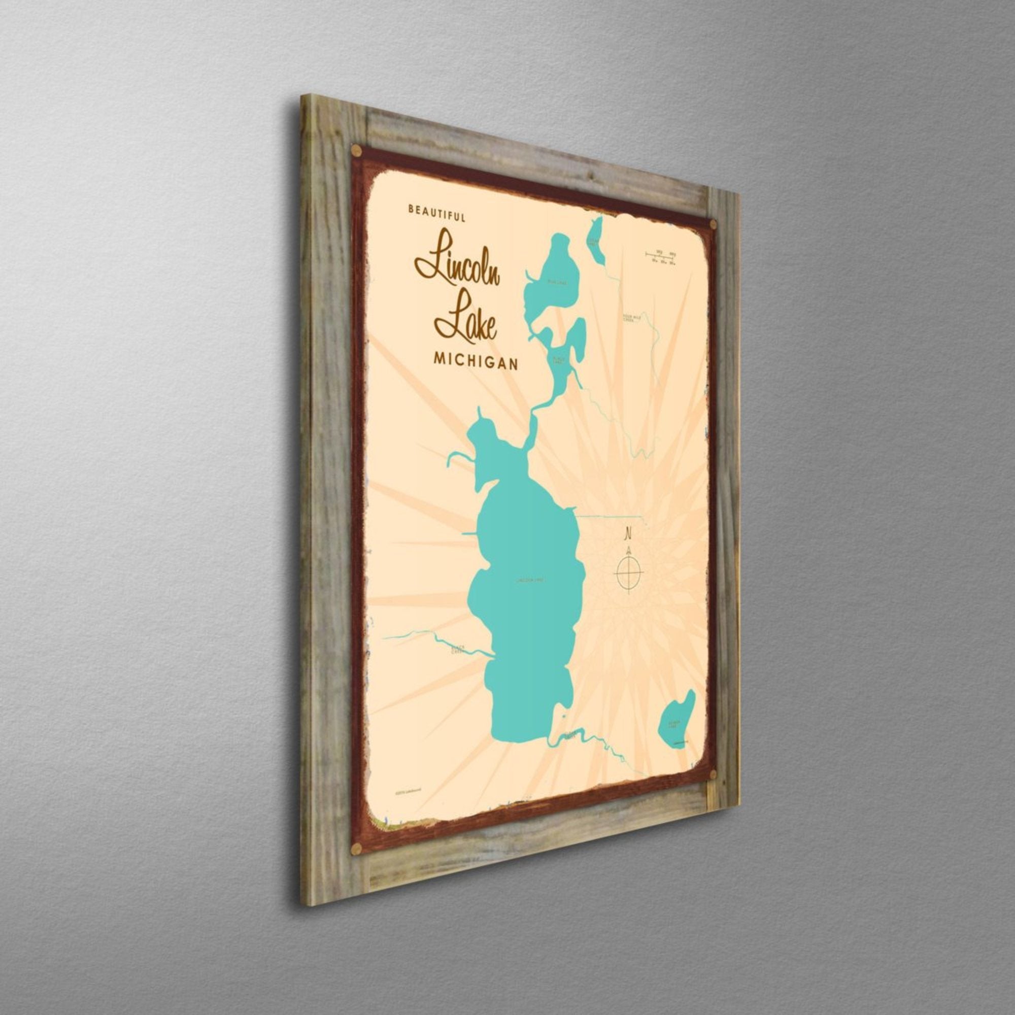 Lincoln Lake Michigan, Wood-Mounted Rustic Metal Sign Map Art