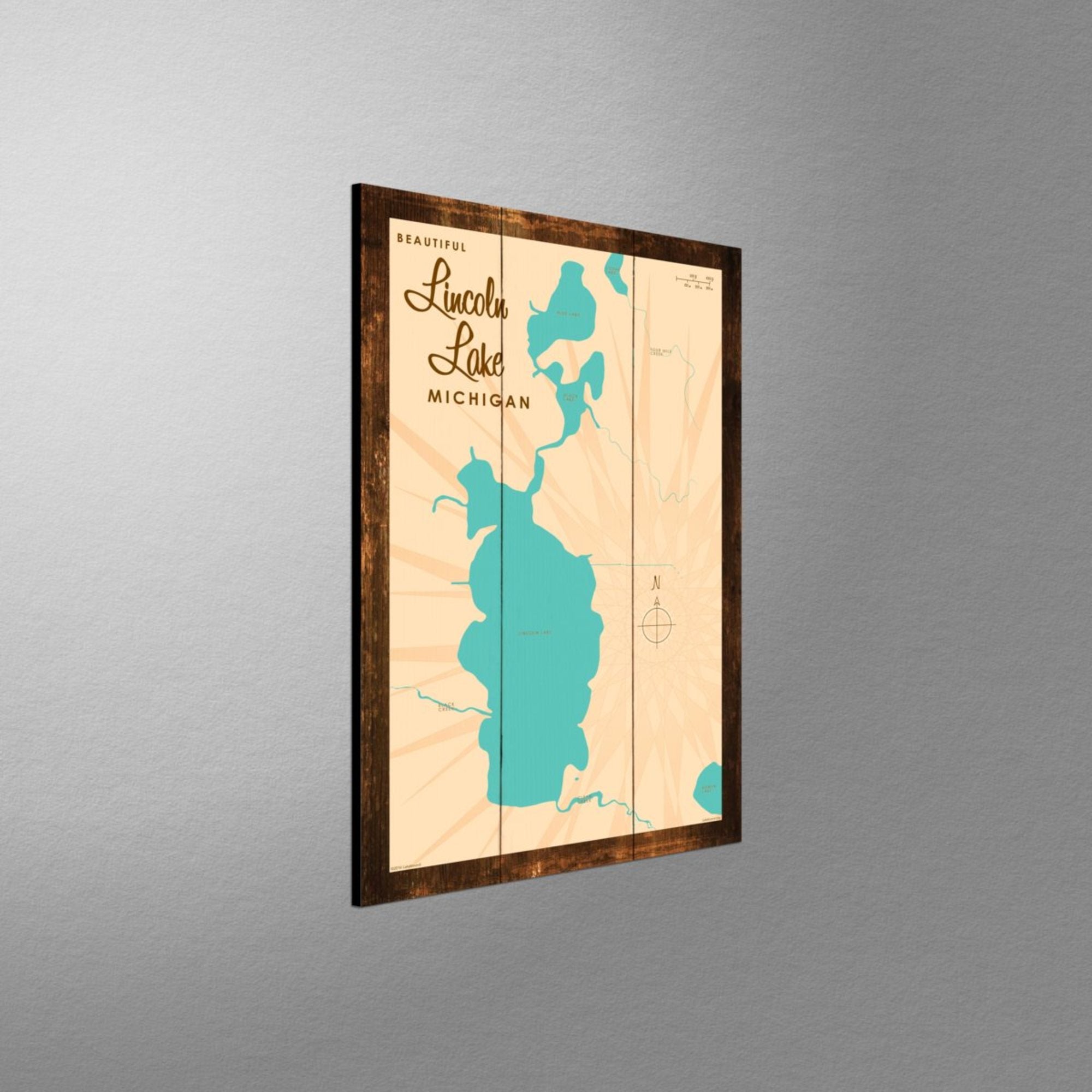 Lincoln Lake Michigan, Rustic Wood Sign Map Art