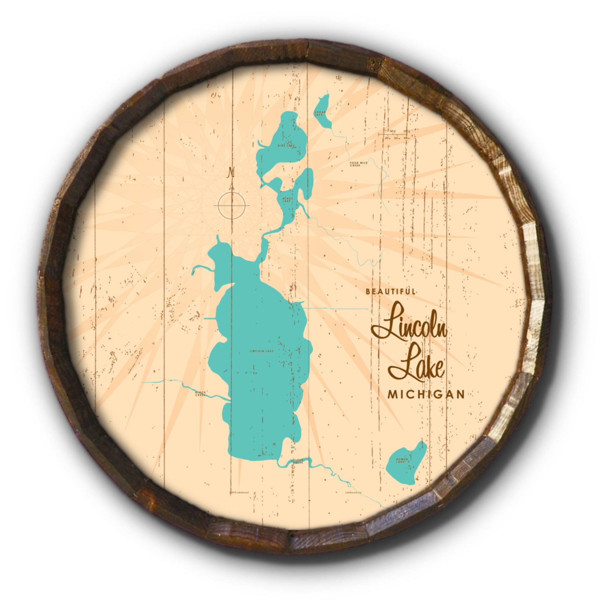 Lincoln Lake Michigan, Rustic Barrel End Map Art