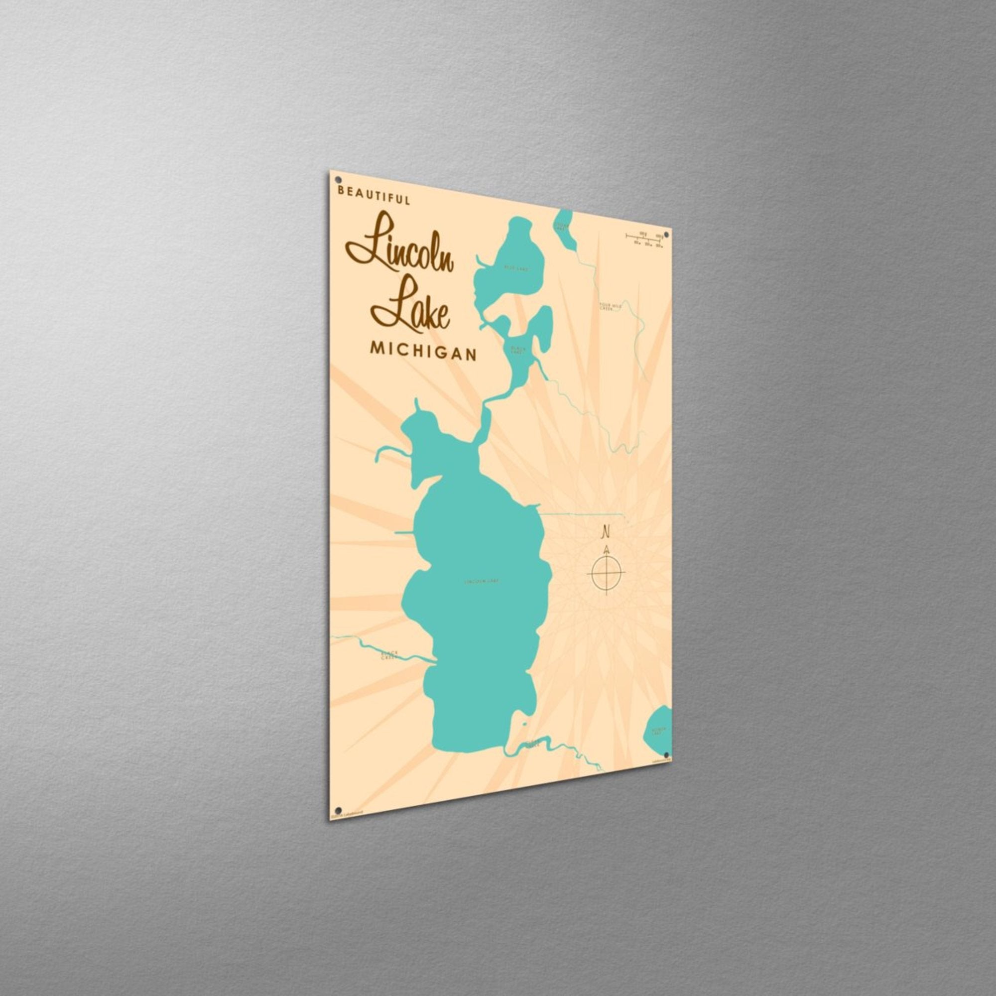 Lincoln Lake Michigan, Metal Sign Map Art