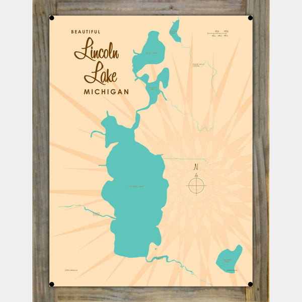 Lincoln Lake Michigan, Wood-Mounted Metal Sign Map Art