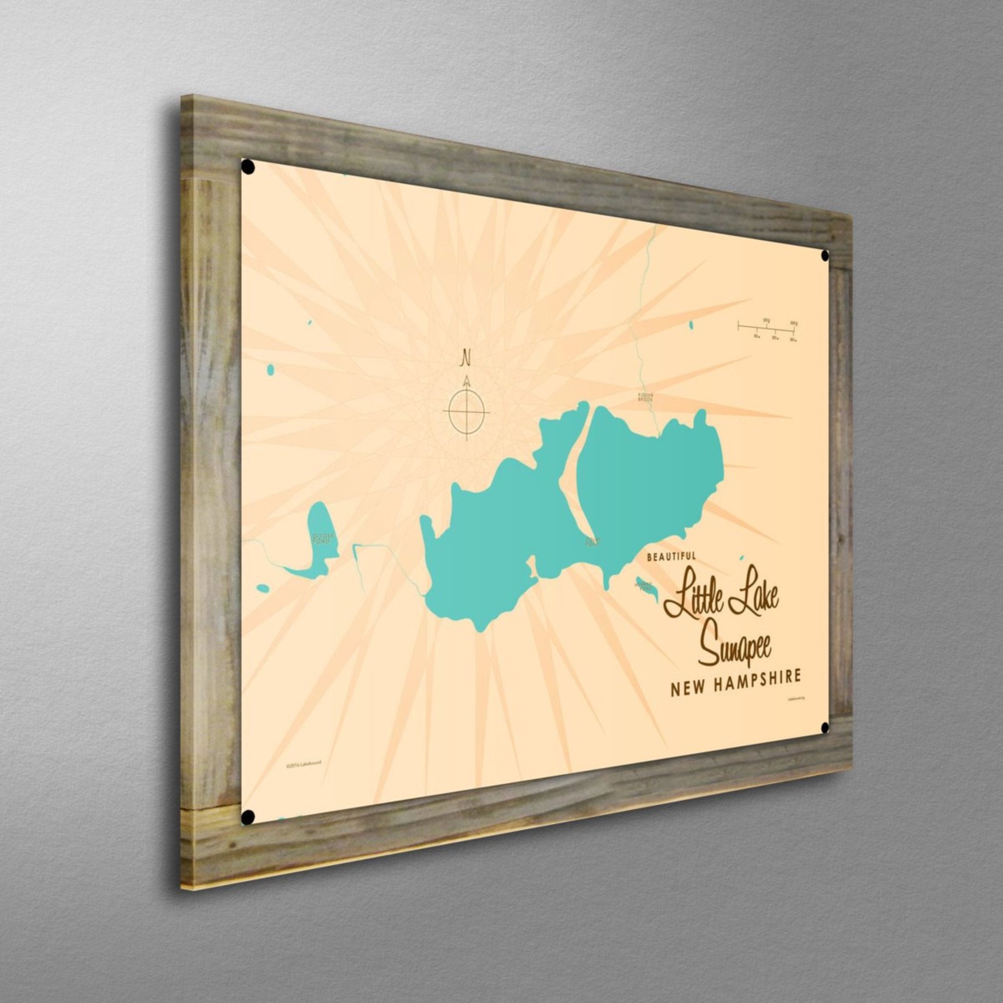 Little Lake Sunapee New Hampshire, Wood-Mounted Metal Sign Map Art
