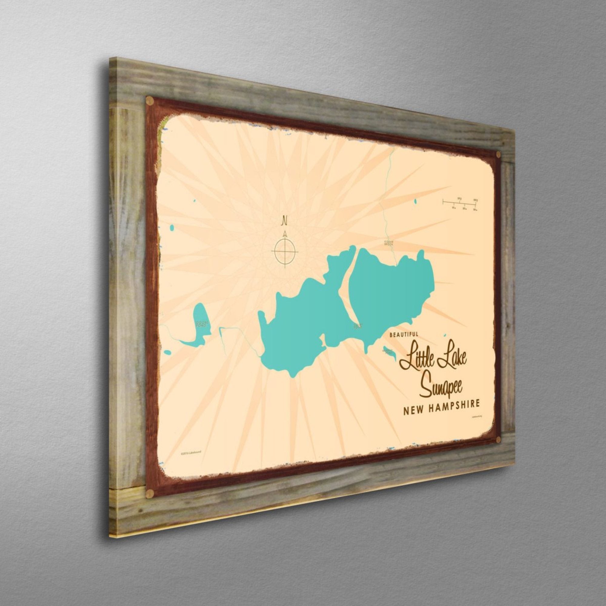 Little Lake Sunapee New Hampshire, Wood-Mounted Rustic Metal Sign Map Art