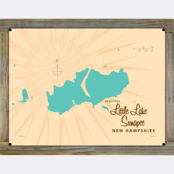 Little Lake Sunapee New Hampshire, Wood-Mounted Metal Sign Map Art