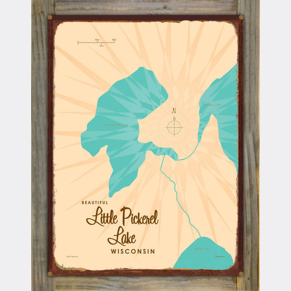 Little Pickerel Lake Wisconsin, Wood-Mounted Rustic Metal Sign Map Art