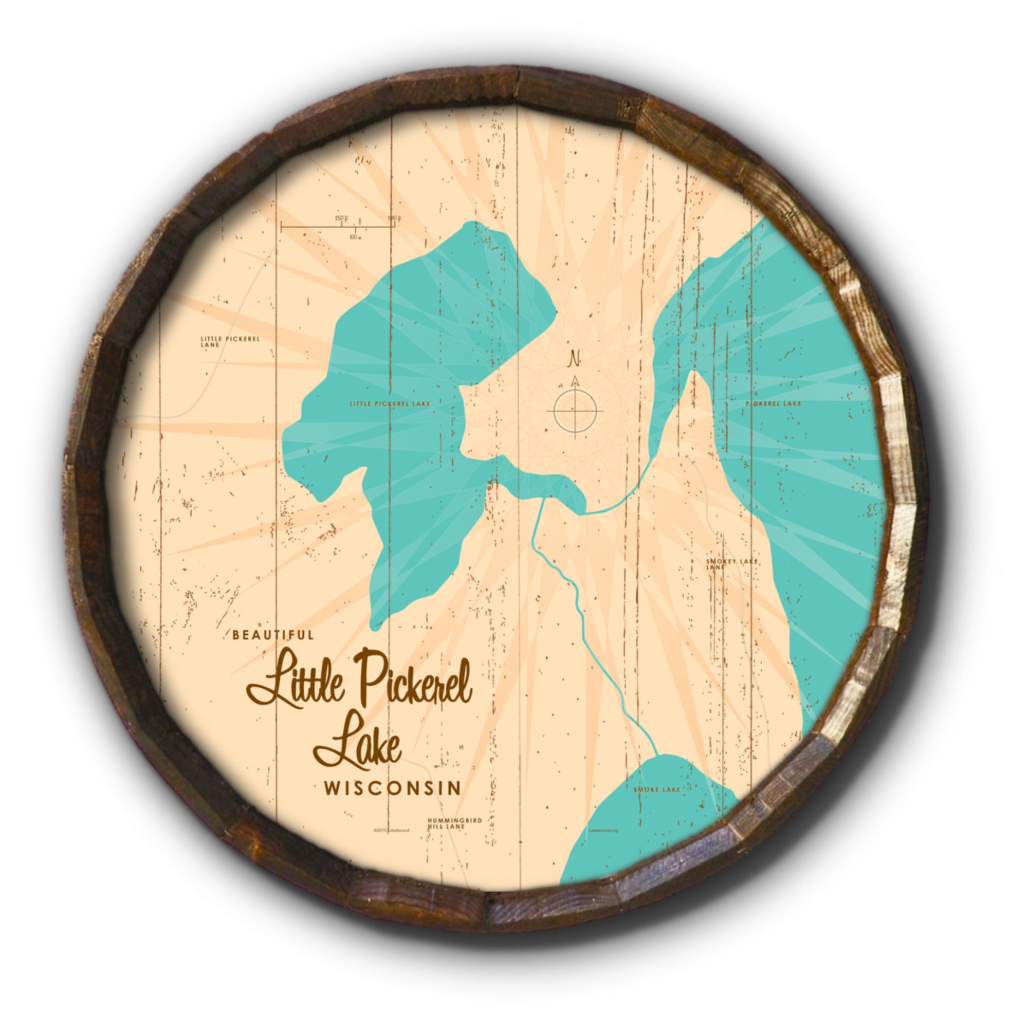 Little Pickerel Lake Wisconsin, Rustic Barrel End Map Art