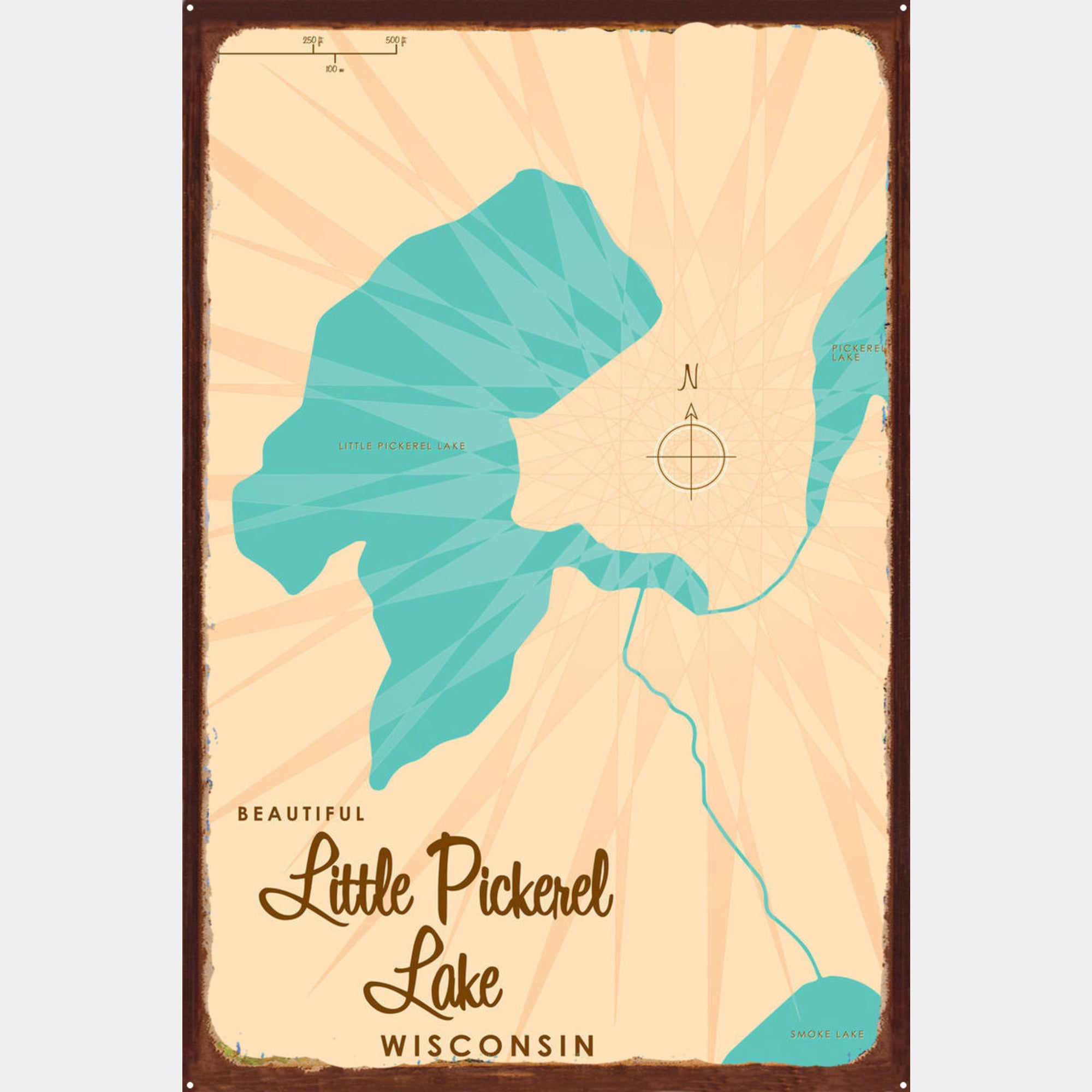 Little Pickerel Lake Wisconsin, Rustic Metal Sign Map Art