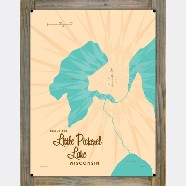 Little Pickerel Lake Wisconsin, Wood-Mounted Metal Sign Map Art