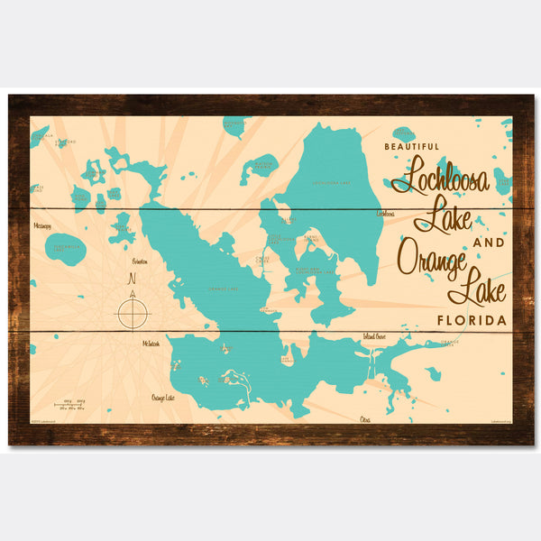 Lochloosa & Orange Lakes Florida, Rustic Wood Sign Map Art