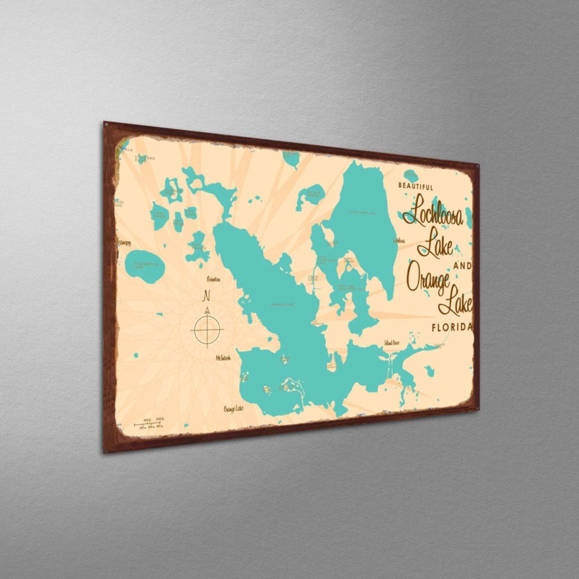 Lochloosa & Orange Lakes Florida, Rustic Metal Sign Map Art