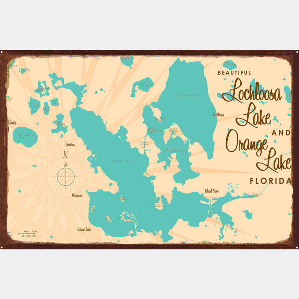 Lochloosa & Orange Lakes Florida, Rustic Metal Sign Map Art
