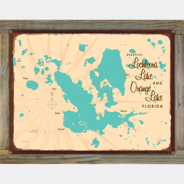 Lochloosa & Orange Lakes Florida, Wood-Mounted Rustic Metal Sign Map Art