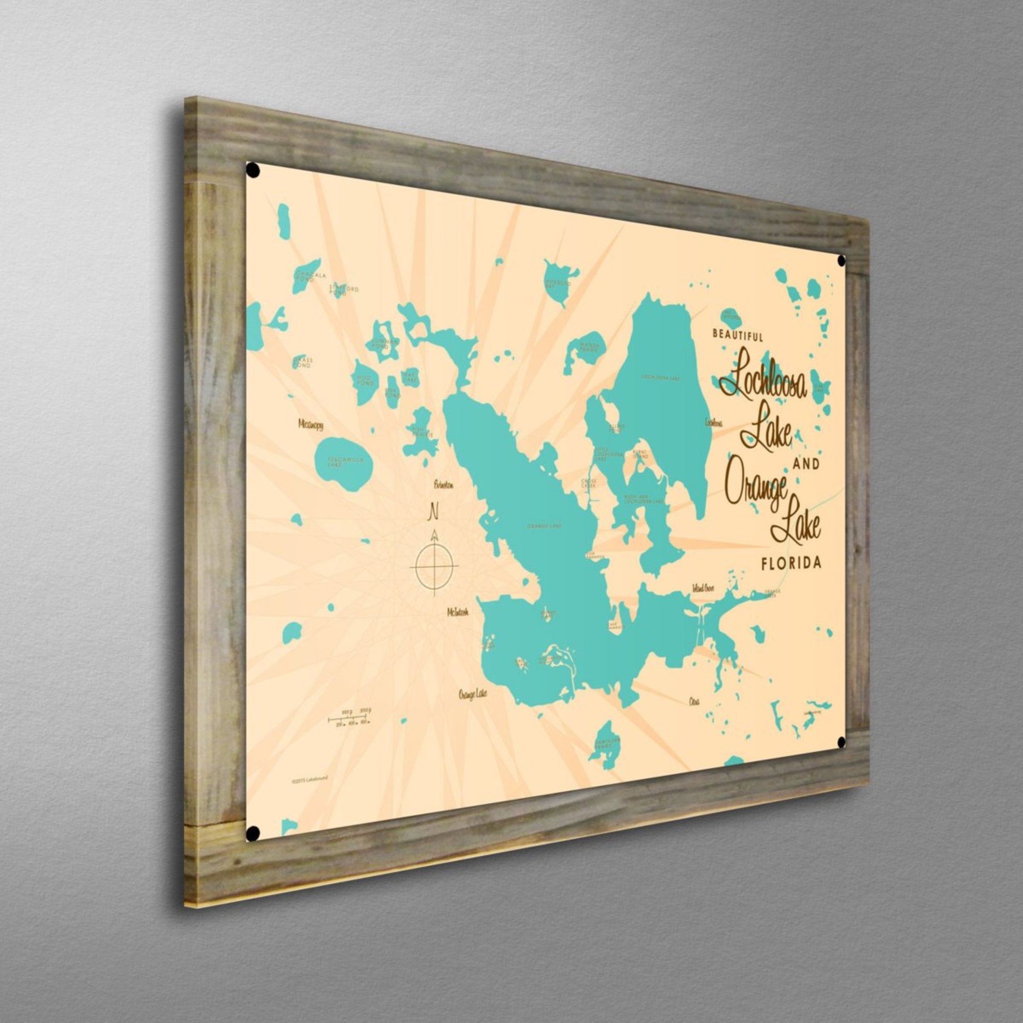 Lochloosa & Orange Lakes Florida, Wood-Mounted Metal Sign Map Art