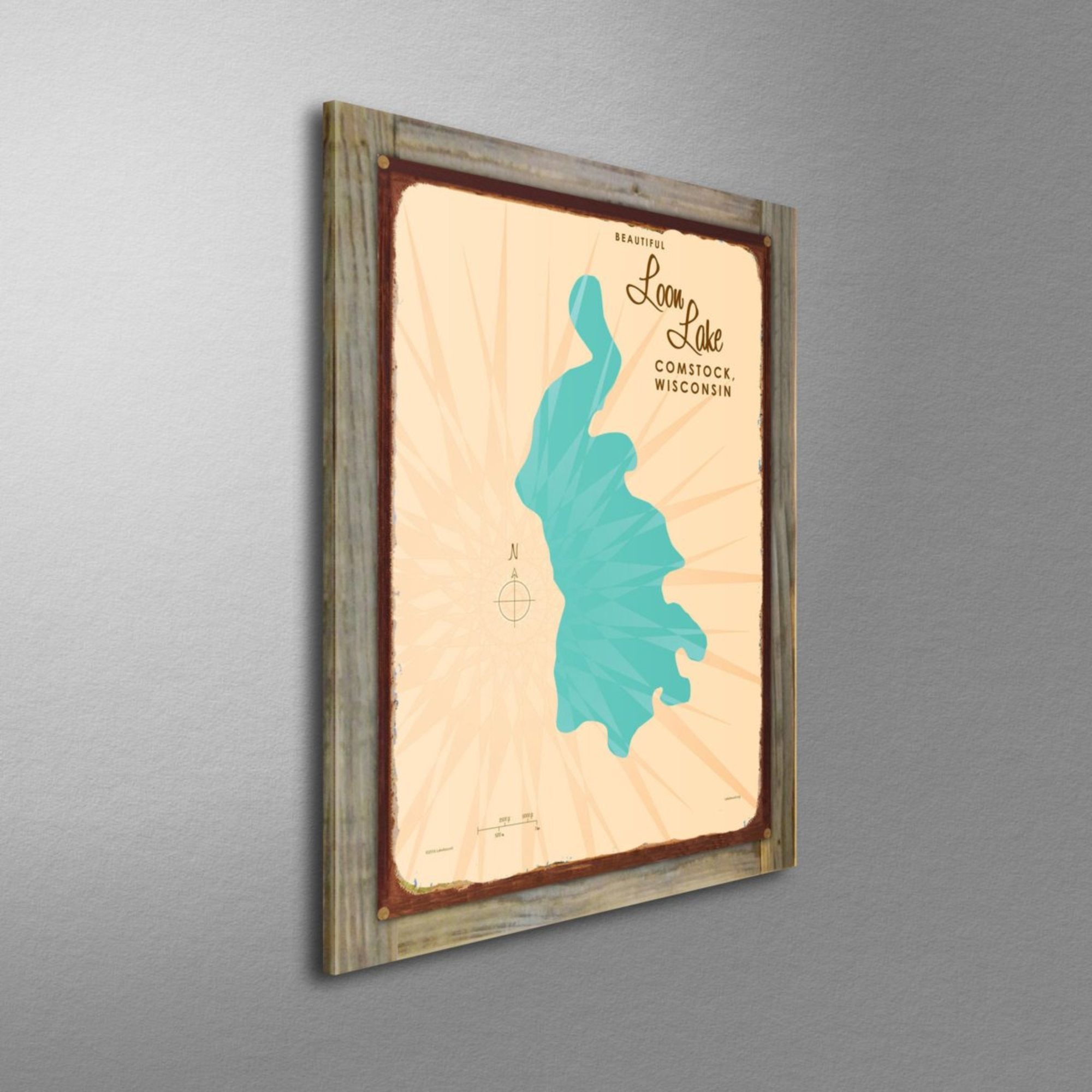 Loon Lake Wisconsin, Wood-Mounted Rustic Metal Sign Map Art