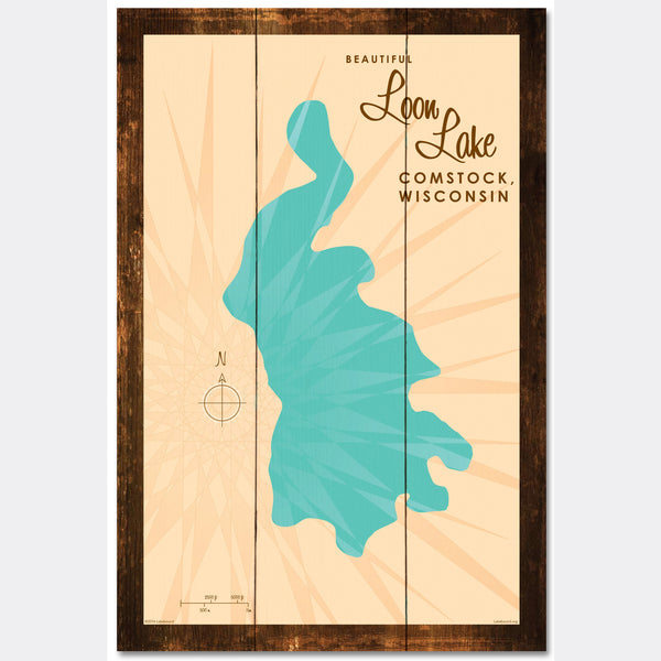 Loon Lake Wisconsin, Rustic Wood Sign Map Art